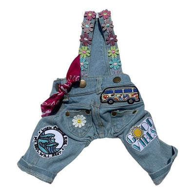 Good Vibes Denim Dog Overalls with Patches MADE TO ORDER, NEW ARRIVAL