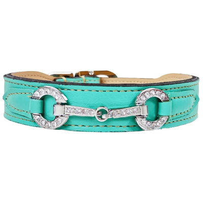 Holiday Crystal Bit Italian Leather Dog Collar in Turquoise & Nickel Pet Collars & Harnesses genuine leather dog collars, HARTMAN & ROSE, 