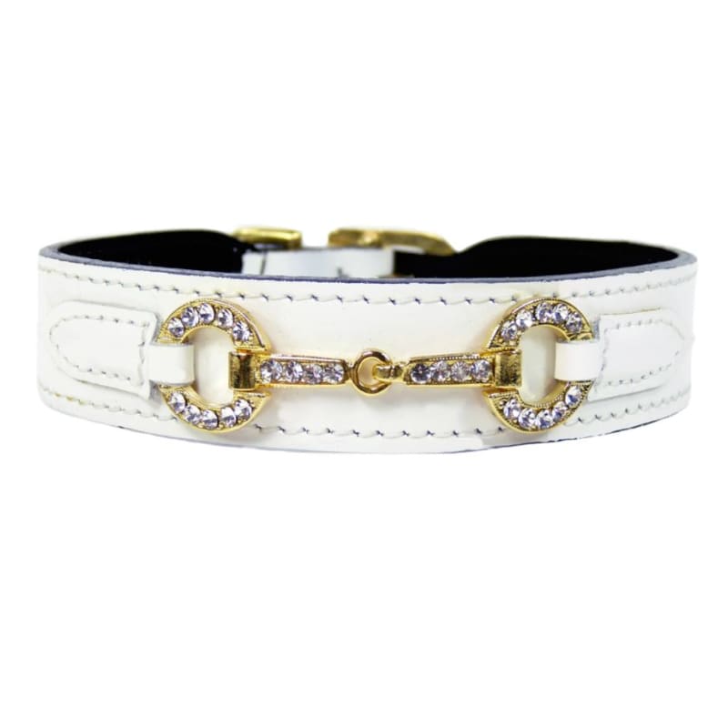 Holiday Crystal Bit Italian Leather Dog Collar in White Patent & Gold Pet Collars & Harnesses genuine leather dog collars, HARTMAN & ROSE, 
