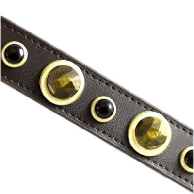 Imperial Faceted Tiger Eye & Onyx Genuine Leather Brown Dog Collar bling dog collars, cute dog collar, dog collars, fun dog collars, leather