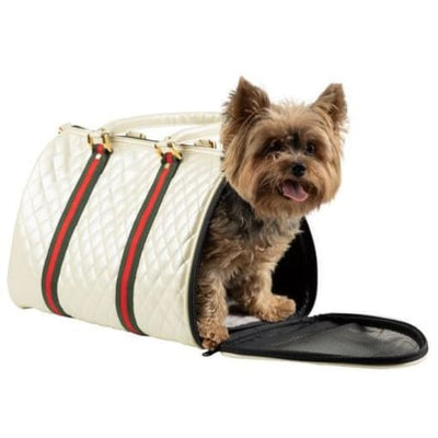 Ivory Quilted Stripe JL Duffel Dog Carrying Bag Pet Carriers & Crates luxury dog carriers, luxury dog purse carriers, NEW ARRIVAL