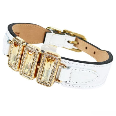 Imperial Genuine Italian Leather & Swarovski Crystal Dog Collar In White Patent & Gold Pet Collars & Harnesses genuine leather dog collars, 