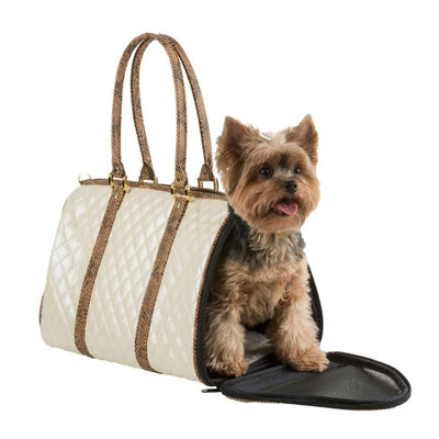 Ivory Quilted Snakeskin JL Duffel Dog Carrying Bag Pet Carriers & Crates luxury dog carriers, luxury dog purse carriers, NEW ARRIVAL