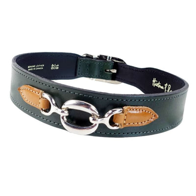 Hartman Italian Leather Dog Collar In Ivy Green & Tan Pet Collars & Harnesses genuine leather dog collars, luxury dog collars, MADE TO 