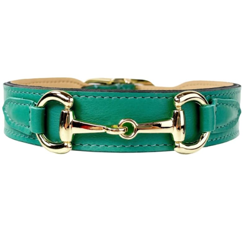 Belmont Italian Leather Dog Collar In Kelly Green & Gold Pet Collars & Harnesses genuine leather dog collars, luxury dog collars, NEW 