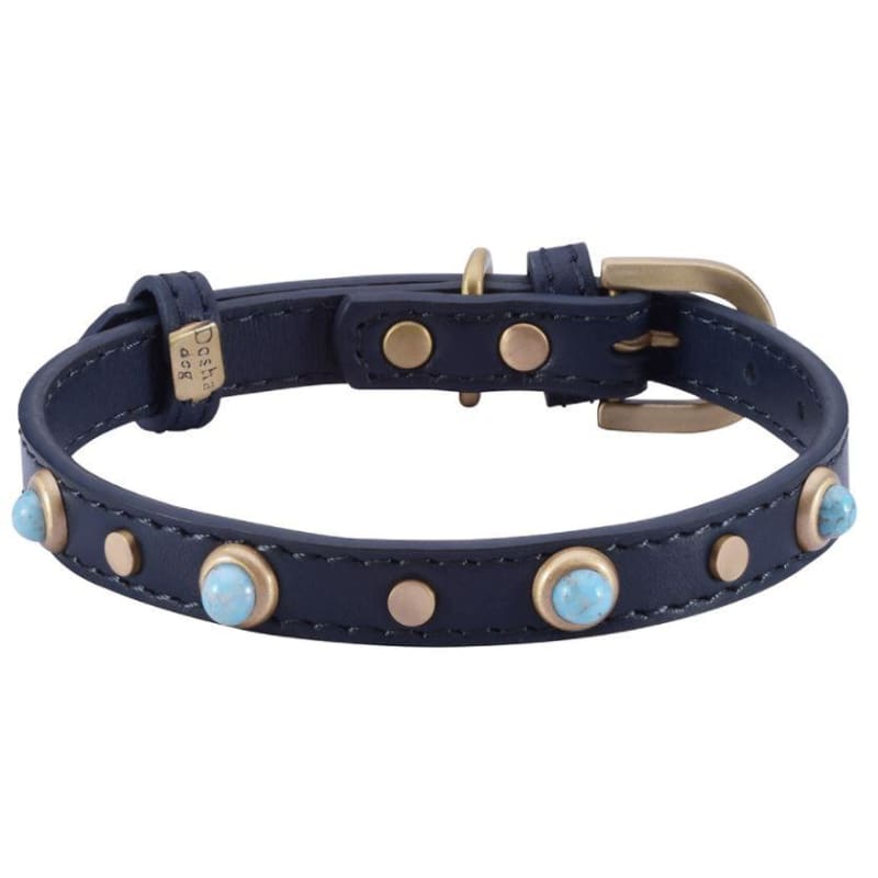 Mini Boho Turquoise Glass Genuine Leather Navy Dog Collar bling dog collars, cute dog collar, dog collars, fun dog collars, leather dog 