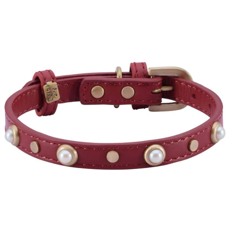 Mini Boho Glass Pearl Genuine Leather Red Dog Collar bling dog collars, cute dog collar, dog collars, fun dog collars, leather dog collars