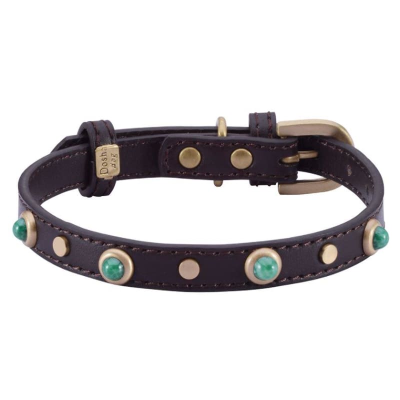 Mini Boho Green Glass Genuine Leather Brown Dog Collar bling dog collars, cute dog collar, dog collars, fun dog collars, leather dog collars