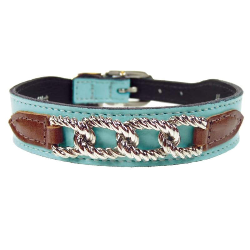 Mayfair Italian Leather Dog Collar In Turquoise & Chocolate Pet Collars & Harnesses genuine leather dog collars, luxury dog collars