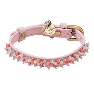 Mini Beaded Pink Quartz Genuine Leather Dog Collar bling dog collars, cute dog collar, dog collars, fun dog collars, leather dog collars