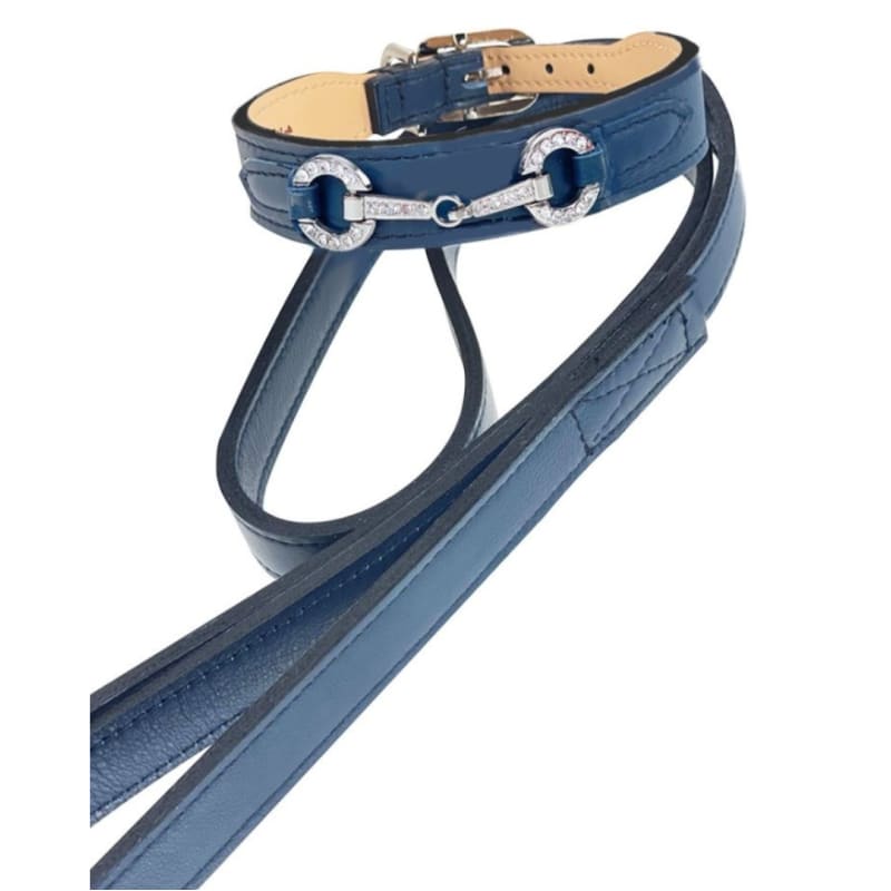 Holiday Crystal Bit Italian Leather Dog Collar in French Navy & Nickel Pet Collars & Harnesses genuine leather dog collars, HARTMAN & ROSE, 