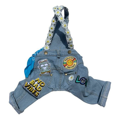 No Bad Vibes Denim Dog Overalls with Patches MADE TO ORDER, NEW ARRIVAL