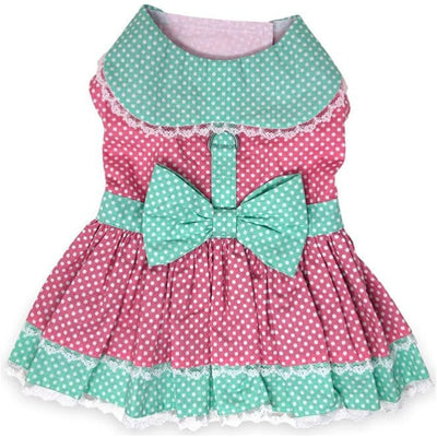 Polka Dot & Lace Harness Dress With Matching Leash Dog Apparel clothes for small dogs, cute dog apparel, cute dog clothes, cute dog dresses,