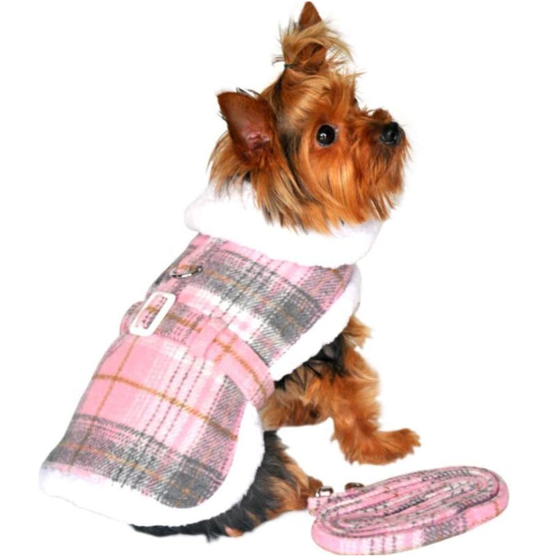 Pink Plaid Fur-Trimmed Dog Harness & Leash Set clothes for small dogs, cute dog apparel, cute dog clothes, dog apparel, dog sweaters