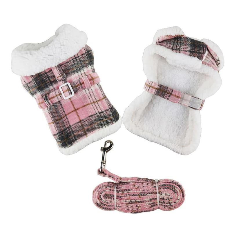 Pink Plaid Fur-Trimmed Dog Harness & Leash Set clothes for small dogs, cute dog apparel, cute dog clothes, dog apparel, dog sweaters