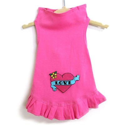 Pink Love Heart Dog Flounce Dress Dog Apparel clothes for small dogs, cute dog apparel, cute dog clothes, cute dog dresses, dog apparel
