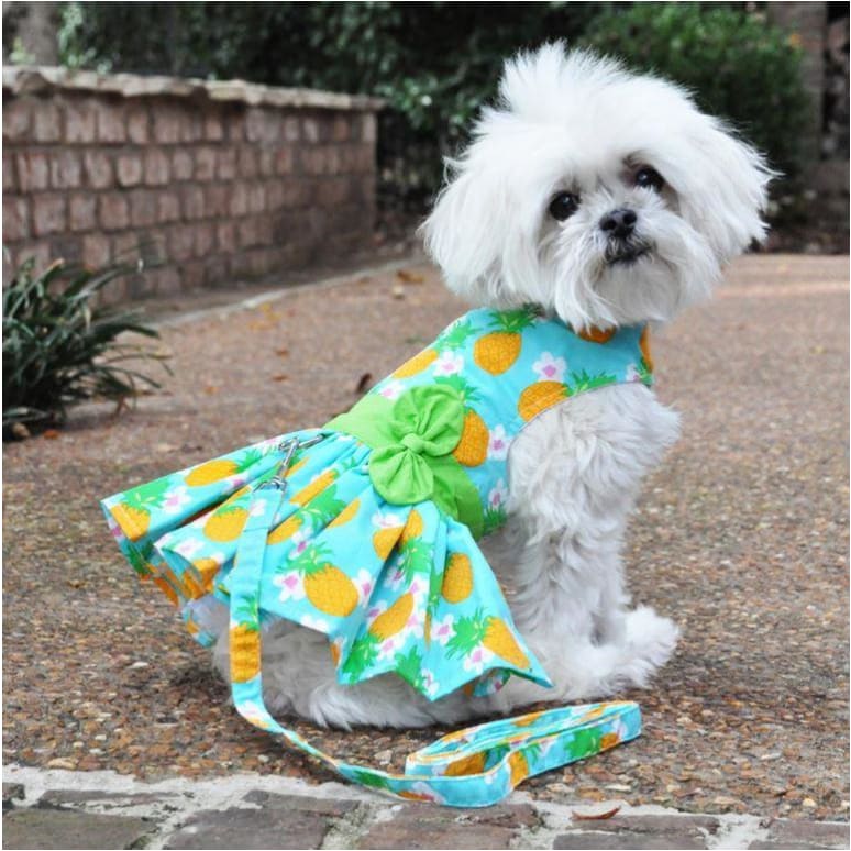 Pineapple Luau Dress With Matching Leash clothes for small dogs, cute dog apparel, cute dog clothes, cute dog dresses, dog apparel