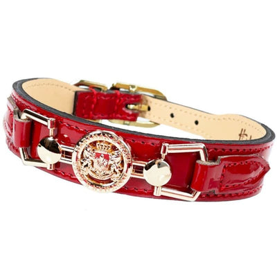 Dynasty Italian Leather Dog Collar In Red Patent & Light Rosy Gold genuine leather dog collars, luxury dog collars, NEW ARRIVAL