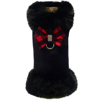 Red Gingham Gingham Nouveau Bow Black Faux Fur Dog Coat Dog Apparel NEW ARRIVAL