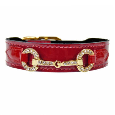 Holiday Crystal Bit Patent Leather Dog Collar in Red & Gold Pet Collars & Harnesses genuine leather dog collars, HARTMAN & ROSE, luxury dog 