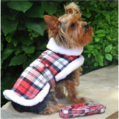 Red Plaid Fur-Trimmed Dog Harness & Leash Set clothes for small dogs, cute dog apparel, cute dog clothes, dog apparel, dog sweaters