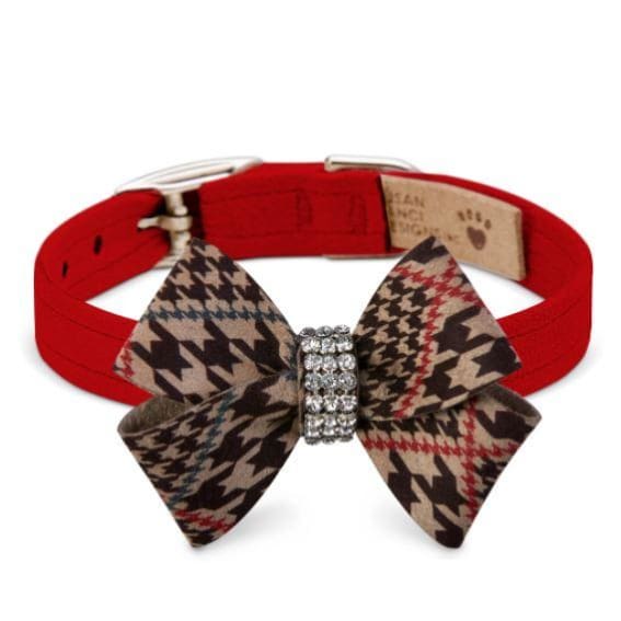 Chocolate Glen Houndstooth Ultrasuede Red Nouveau Bow Collar NEW ARRIVAL