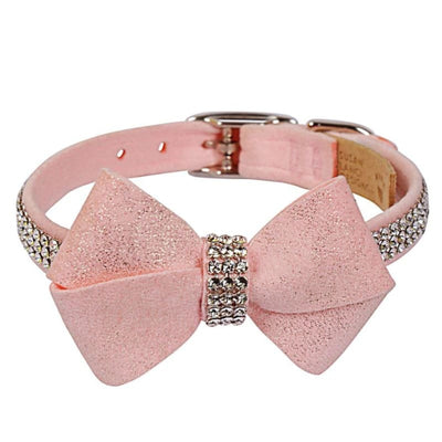Puppy Pink Glitzerati Nouveau Bow Ultrasuede 3 Row Giltmore Collar NEW ARRIVAL