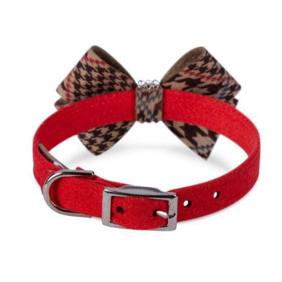 Chocolate Glen Houndstooth Ultrasuede Red Nouveau Bow Collar NEW ARRIVAL