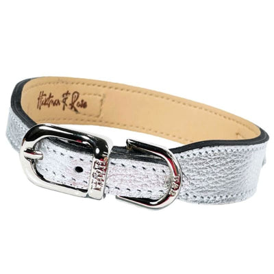 Dynasty Italian Leather Dog Collar In Metallic Silver & Nickel genuine leather dog collars, luxury dog collars, NEW ARRIVAL