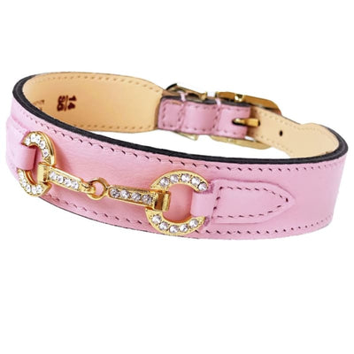 Holiday Crystal Bit Italian Leather Dog Collar in Sweet Pink & Gold Pet Collars & Harnesses genuine leather dog collars, HARTMAN & ROSE, 