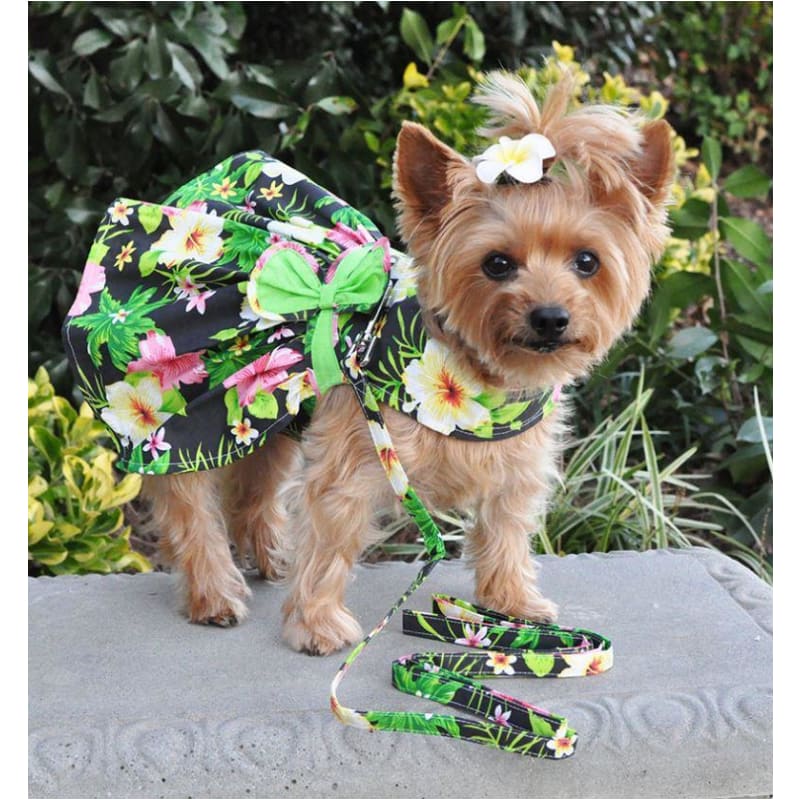 Twilight Black Hawaiian Hibiscus Dress With Matching Leash clothes for small dogs, cute dog apparel, cute dog clothes, cute dog dresses, dog