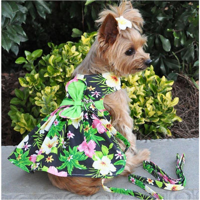 Twilight Black Hawaiian Hibiscus Dress With Matching Leash clothes for small dogs, cute dog apparel, cute dog clothes, cute dog dresses, dog