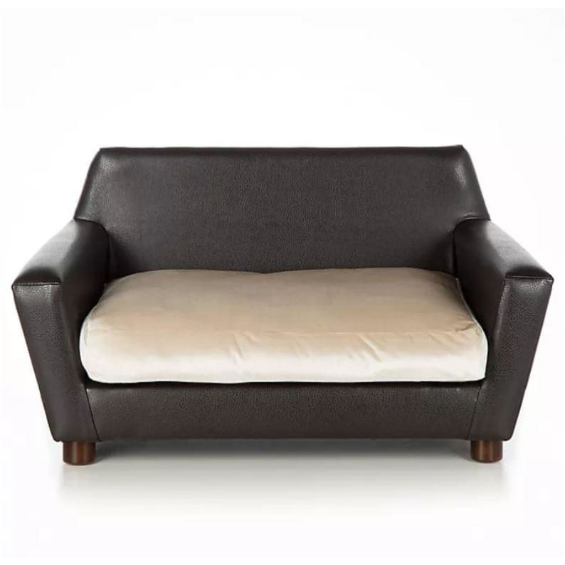 Tan Velvet and Black Faux Leather Orthopedic Mid-Century Rivoli Dog Chair or Sofa NEW ARRIVAL
