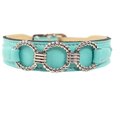 Athena Italian Leather Dog Collar In Turquoise & Nickel Pet Collars & Harnesses genuine leather dog collars, luxury dog collars, MADE TO 