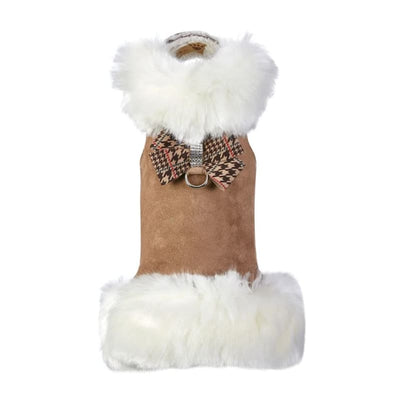 White Fox Fur Coat with Chocolate Glen Houndstooth Nouveau Bow Dog Apparel
